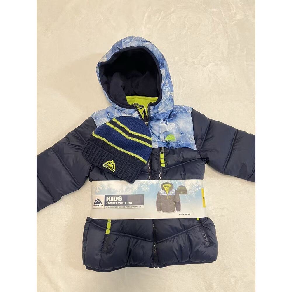 NWT Snozu Kids Boy's Blue Hooded Puffer Jacket & Knit Beanie Hat Size 5